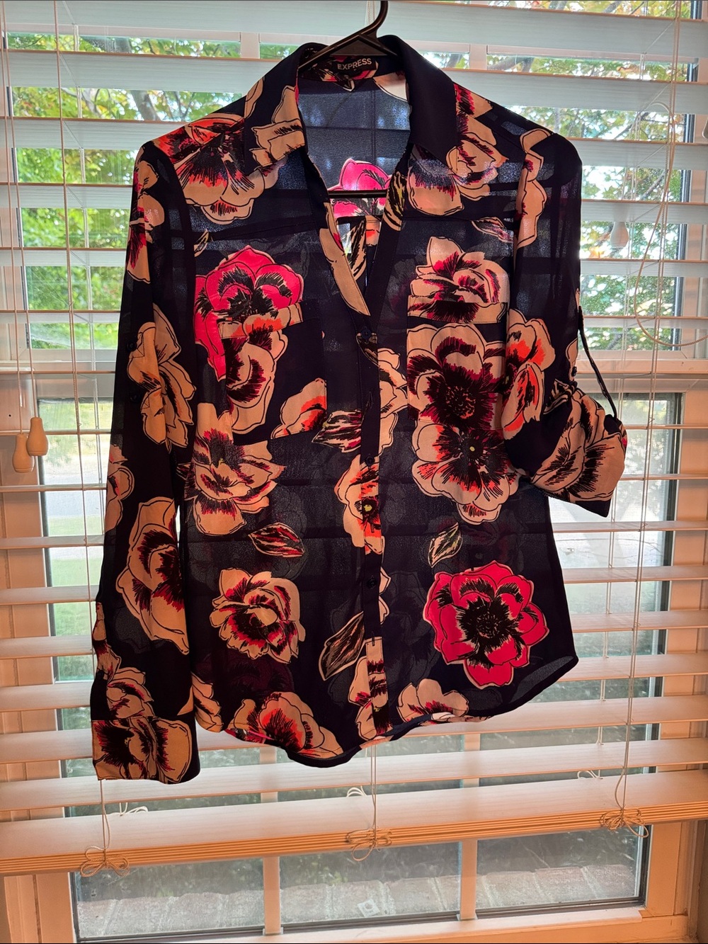 Express Black Sheer Floral Button-Down Shirt with Pink & Cream Blooms